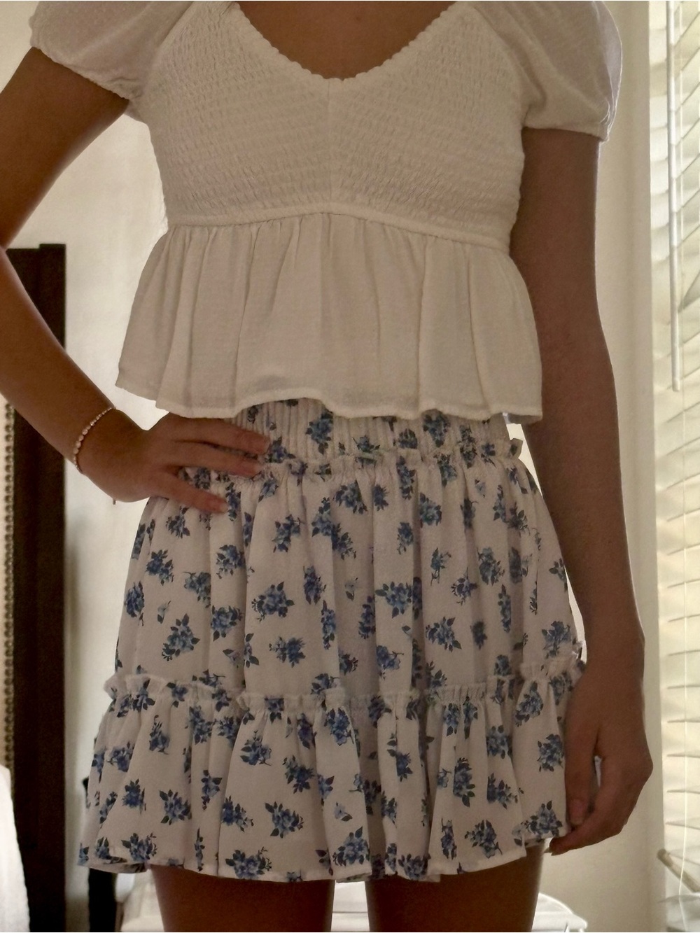 Altar'd State White Mini Skirt with Blue Floral Print